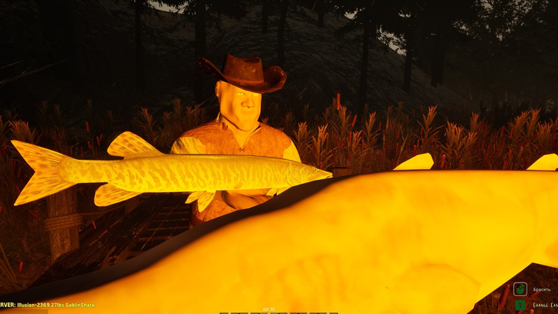 An angler in a cowboy hat holding a large sturgeon at night in GONE Fishing