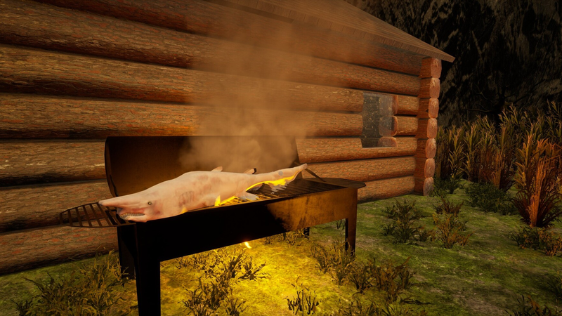 A catch cooking on the grill outside the cabin in GONE Fishing