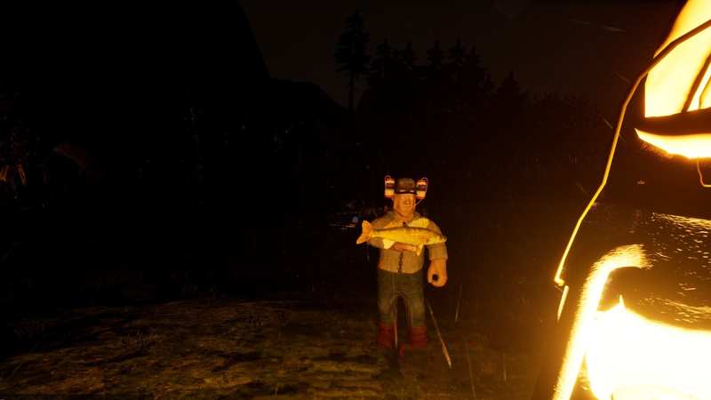 A player holding a walleye at night with the cabin light behind them in GONE Fishing