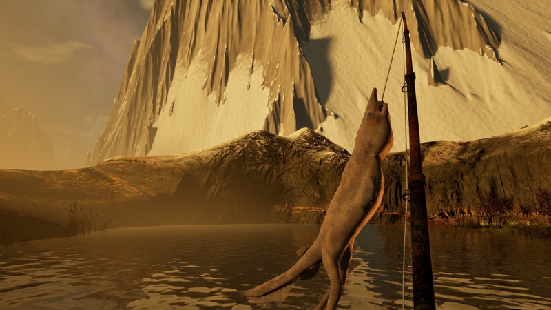 A fish on the line against the ice cliffs of the Arctic map in GONE Fishing