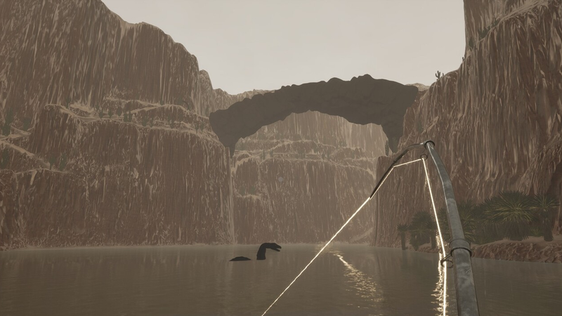 Canyon cliffs and deep water at the fishing spot in GONE Fishing