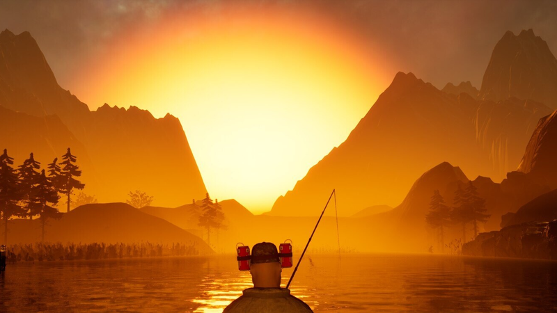Fishing from the shore at sunset on the Lake map in GONE Fishing